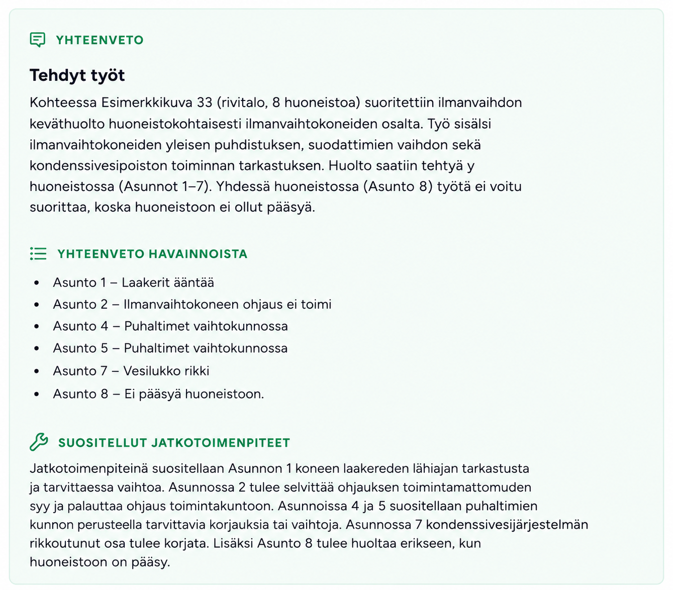 Esimerkki Veraso Reportsin automaattisesta yhteenvedosta
