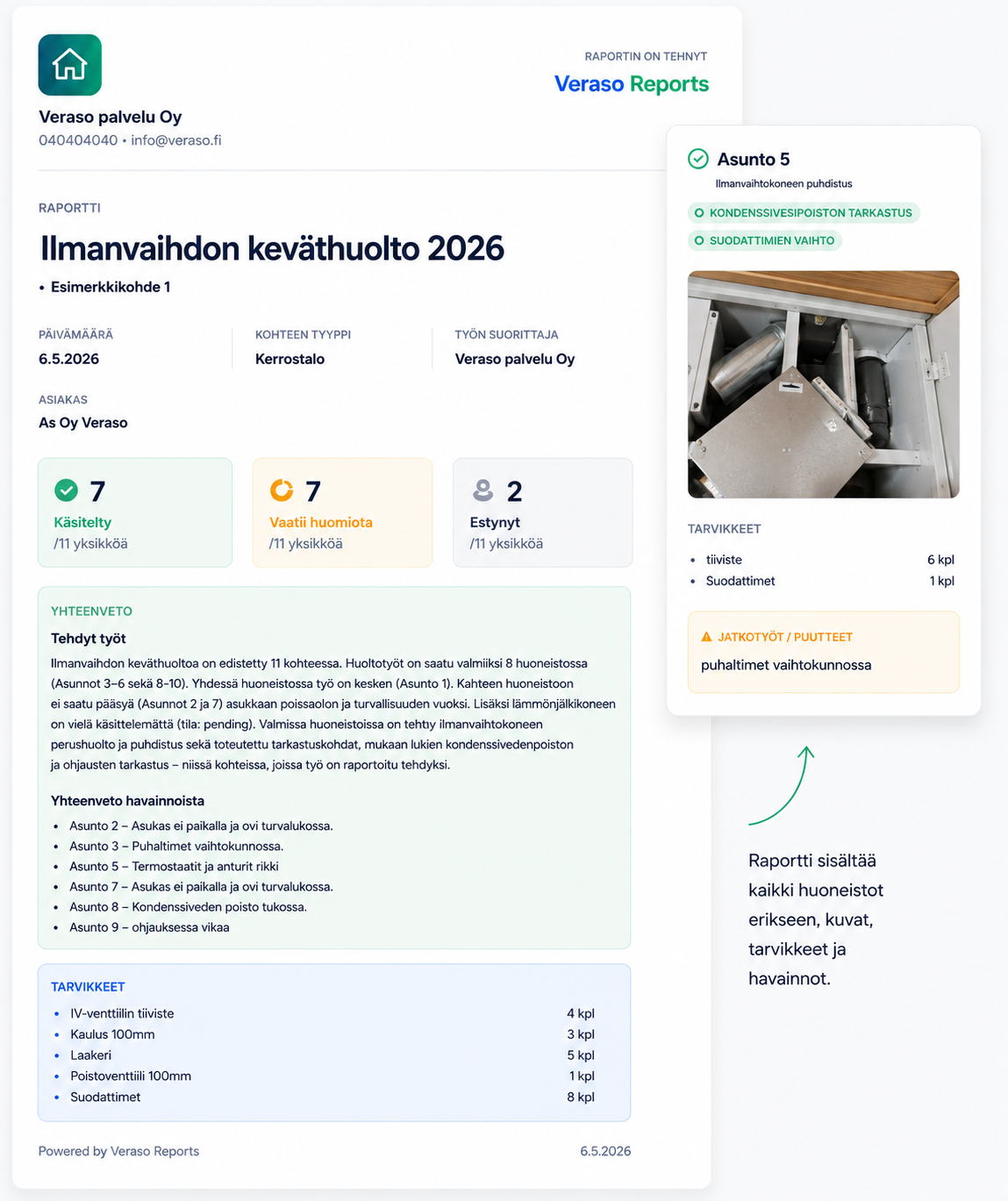Esimerkki LVI-huoltoraportista Veraso Reports -palvelussa