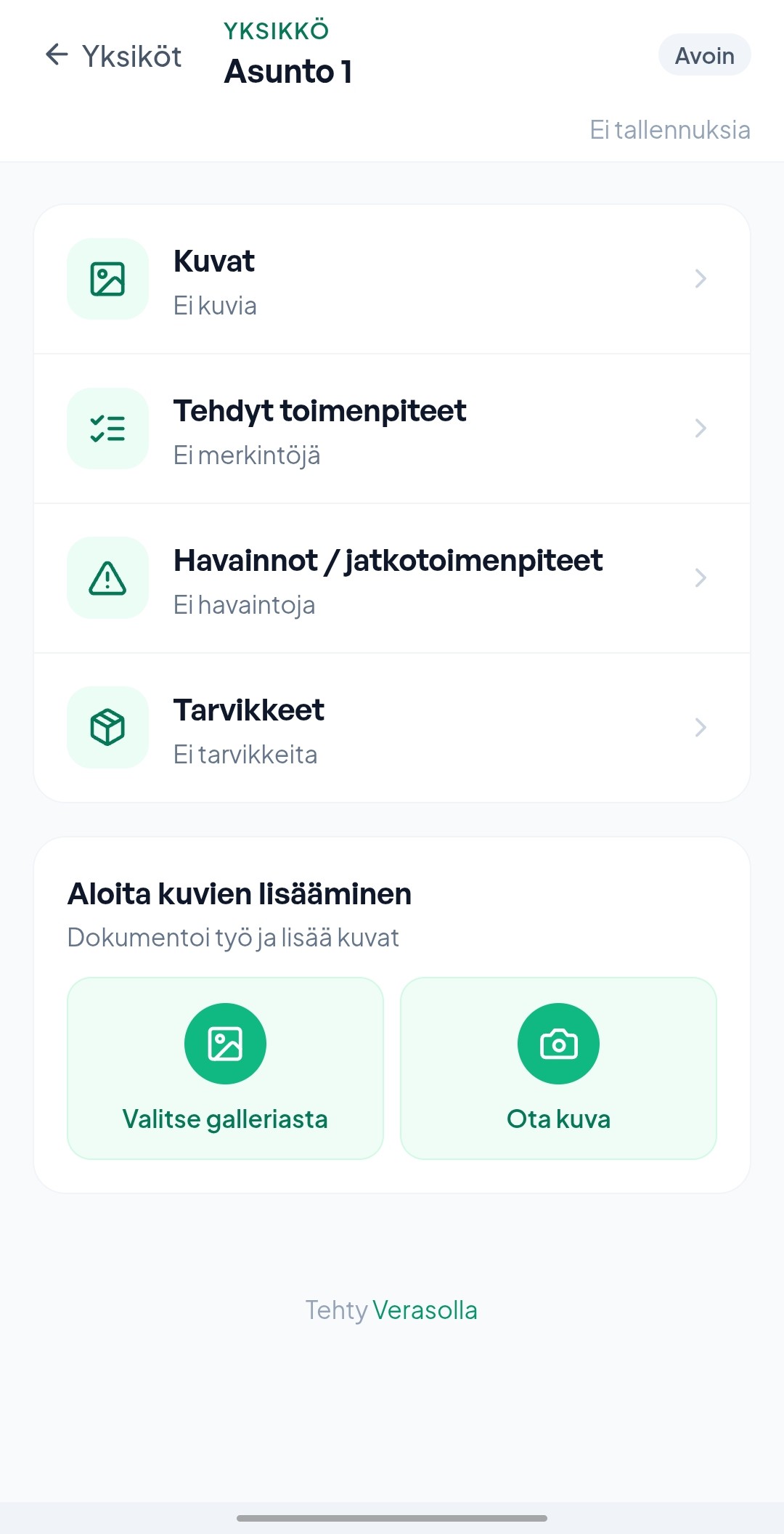 Yksikkö aukaistu: kuvat, tehdyt toimenpiteet, havainnot ja tarvikkeet