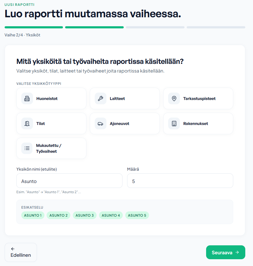 Lisää yksiköt tai työvaiheet