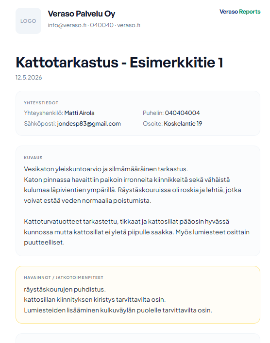 Esimerkki kuvaraportista Veraso Reports -palvelussa